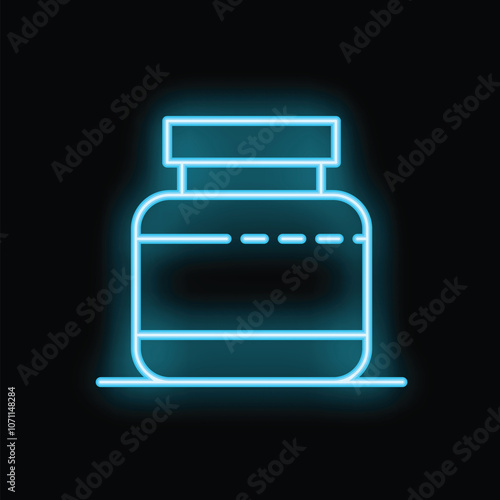 Glowing neon icon of whey protein container for fitness and bodybuilding