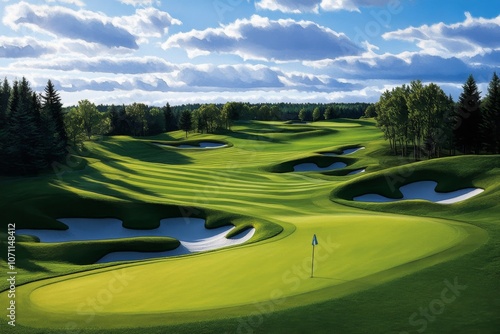 Gentle watercolor of a golf course with rolling hills and trees, capturing a peaceful afternoon