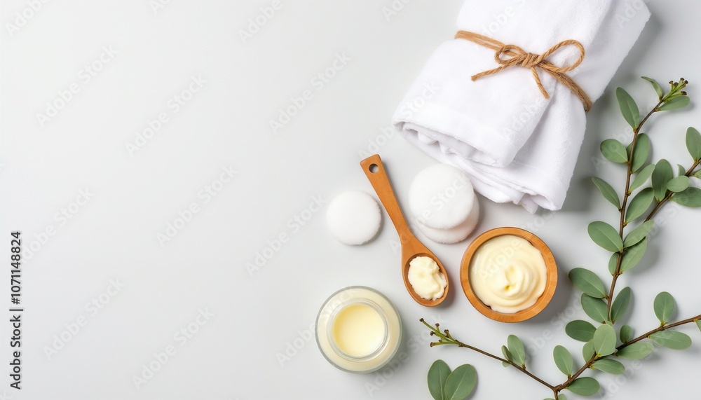 A top view of natural spa essentials featuring a rolled towel, cream jar, and eucalyptus leaves on a light background, evoking a sense of tranquility and relaxation.
A top view of natural spa essentials featuring a rolled towel, cream jar, and eucalyptus leaves on a light background, evoking a sense of tranquility and relaxation.