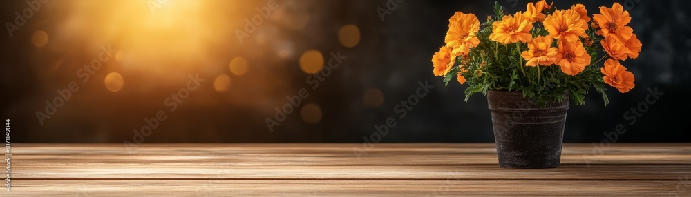 Vibrant orange flowers in a vase on rustic wooden table, warm and inviting centerpiece for home decor Vibrant orange flowers in a vase on rustic wooden table, warm and inviting centerpiece for home decor