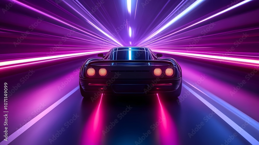 Naklejka premium Supercar with neon lights on a futuristic highway