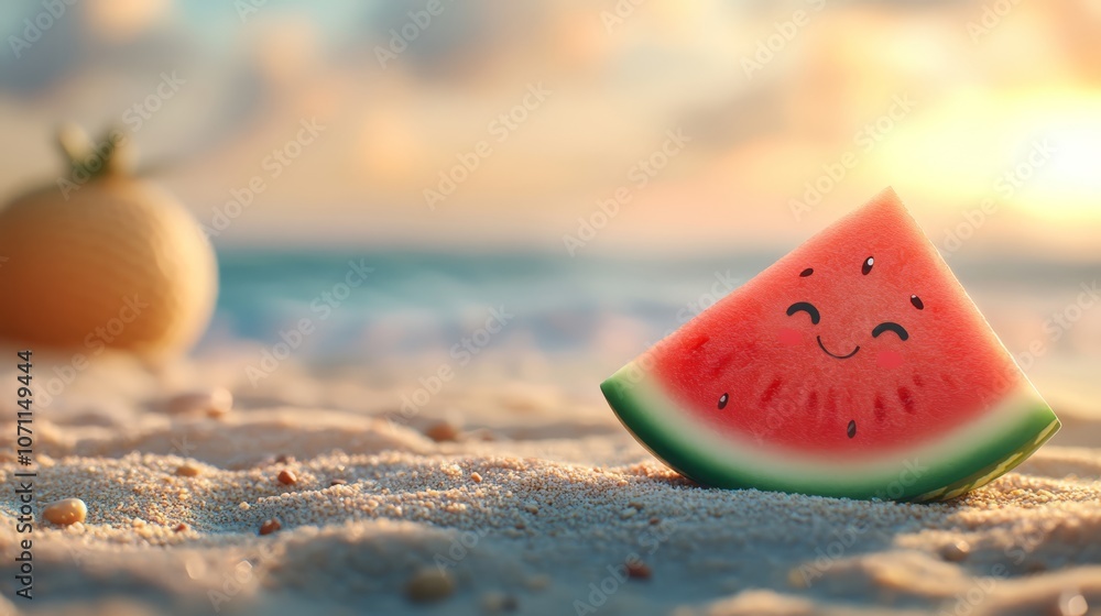 Refreshingly juicy watermelon slice on warm golden sand, a sweet summer beach treat Refreshingly juicy watermelon slice on warm golden sand, a sweet summer beach treat
