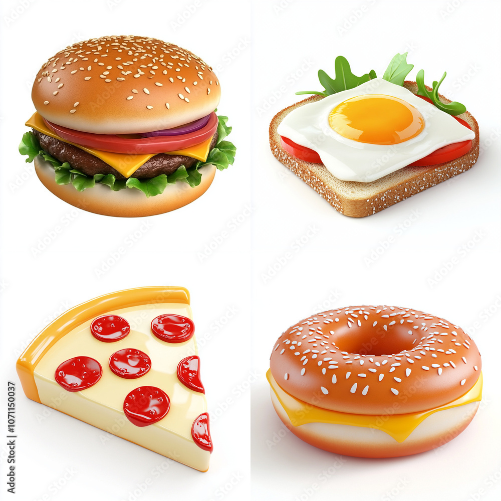 3d glossy render of food, set of 4 on white background 3d glossy render of food, set of 4 on white background