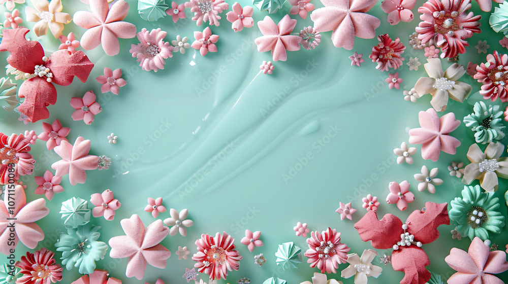 A vibrant arrangement of pink and turquoise decorative flowers, set against a smooth, mint-green surface, creating a delightful, artistic display. A vibrant arrangement of pink and turquoise decorative flowers, set against a smooth, mint-green surface, creating a delightful, artistic display.