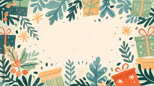 A festive border design featuring colorful gift boxes and various greenery, perfect for holiday greetings or invitations.