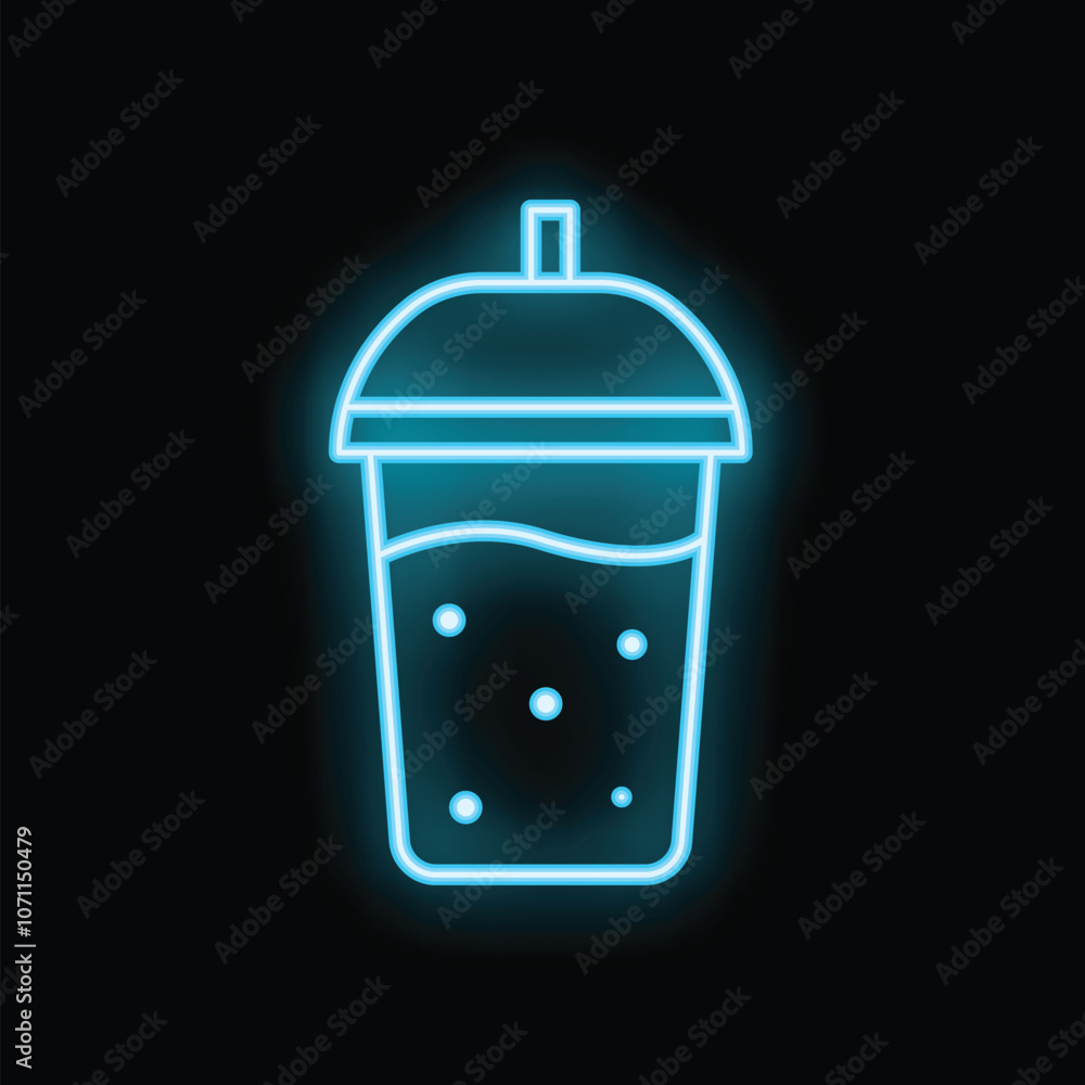 Blue neon sign of takeaway plastic cup with dome lid and straw on black background representing refreshing beverage Blue neon sign of takeaway plastic cup with dome lid and straw on black background representing refreshing beverage