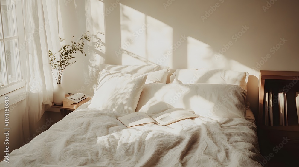 White bed linens and pillows arranged on a cozy bed, minimalist bedroom White bed linens and pillows arranged on a cozy bed, minimalist bedroom