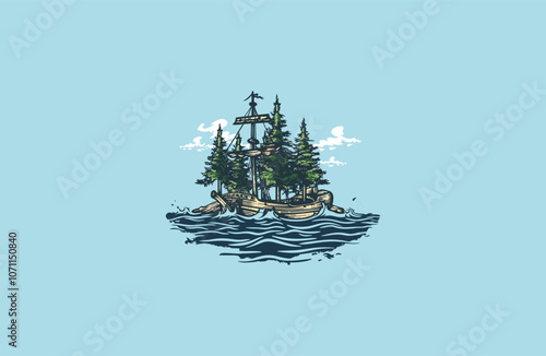 Island in the middle of sea with sailboat logo design vector photo