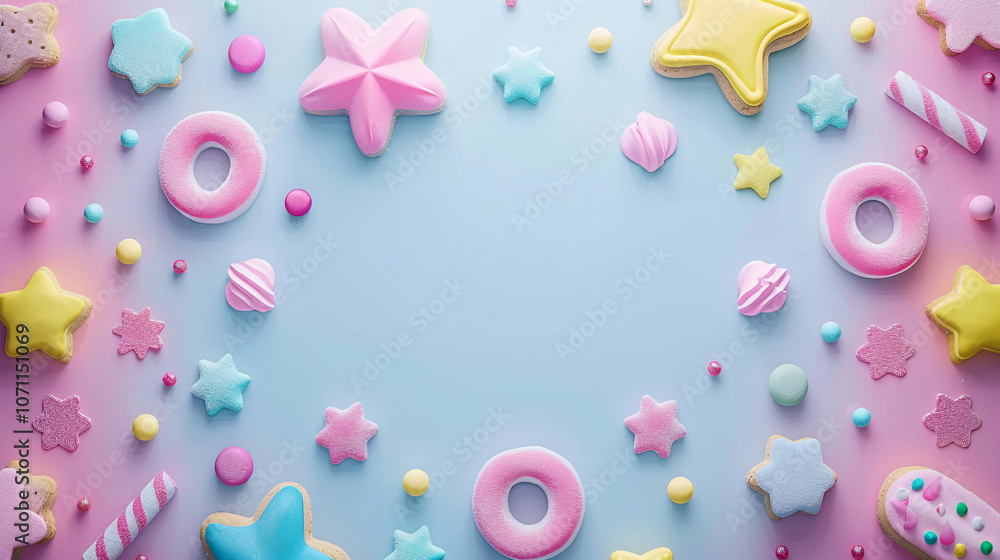 A colorful arrangement of whimsical cookies and candies creates a vibrant, playful border against a soft blue background. A colorful arrangement of whimsical cookies and candies creates a vibrant, playful border against a soft blue background.