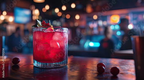 A dive bar wiith people having a holiday party with red drinks in hand. There is a festive red cranberry drink in the foreground. generative ai photo