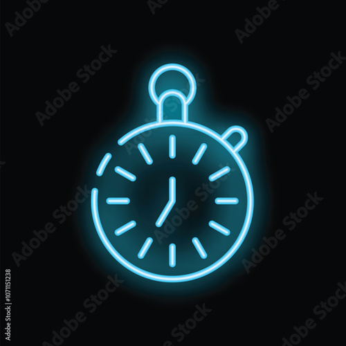 Blue neon stopwatch glowing on dark background is showing time passing by