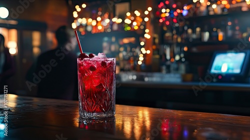 A dive bar wiith people having a holiday party with red drinks in hand. There is a festive red cranberry drink in the foreground. generative ai photo