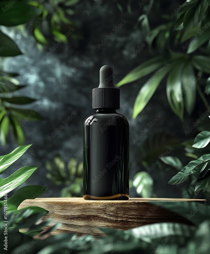 Black Dropper Bottle on a Wooden Stump Surrounded by Lush Greenery Black Dropper Bottle on a Wooden Stump Surrounded by Lush Greenery