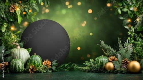 Autumnal still life, vibrant green backdrop with pumpkins and scattered leaves for fall festivities photo