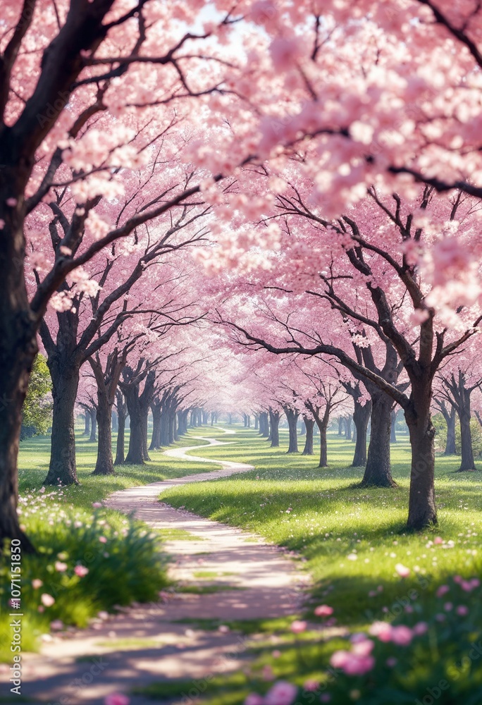 Winding path through blooming cherry blossom trees in springtime Winding path through blooming cherry blossom trees in springtime