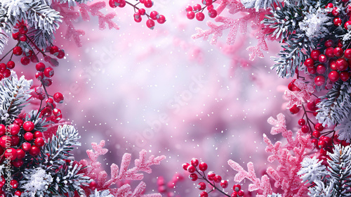 A serene winter scene featuring frosty branches and vibrant red berries, creating a festive atmosphere filled with soft snowflakes.