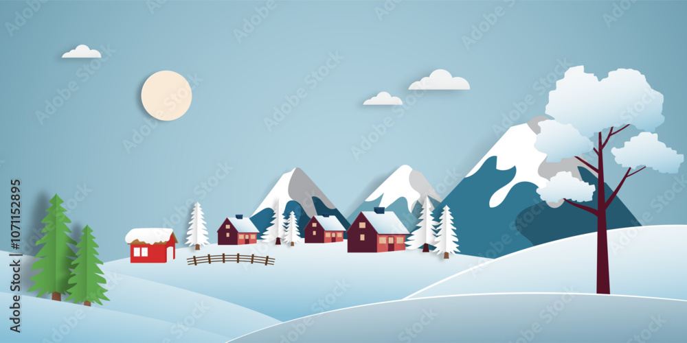 custom made wallpaper toronto digitalSnowy mountain winter landscape scenery paper cut style.	