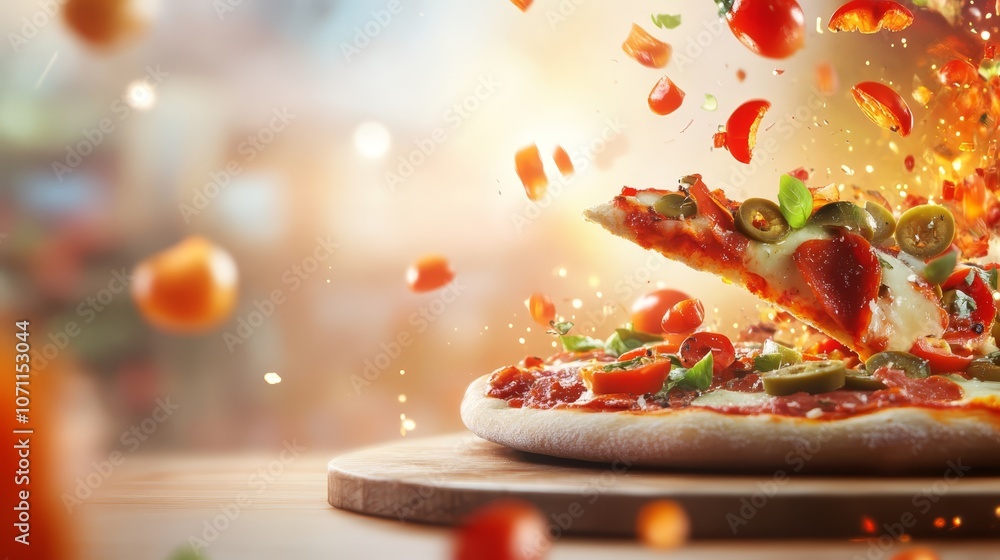 Delicious pizza with abundant fresh toppings baked to perfection Delicious pizza with abundant fresh toppings baked to perfection