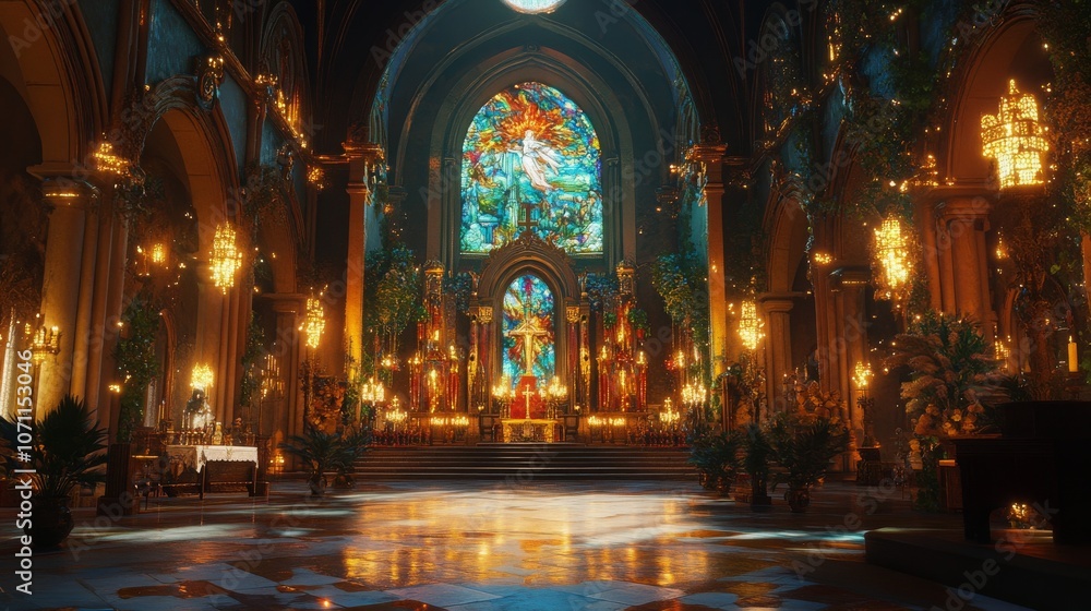 Ancient Cathedral with Bioluminescent Stained Glass Ancient Cathedral with Bioluminescent Stained Glass