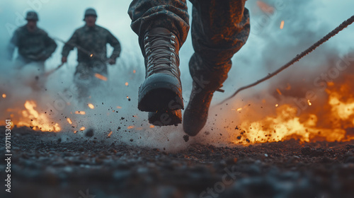 Soldiers running through fire during military training exercise at sunset in a rugged terrain