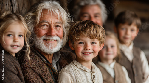 joyful family portrait with children and elderly man smiling together