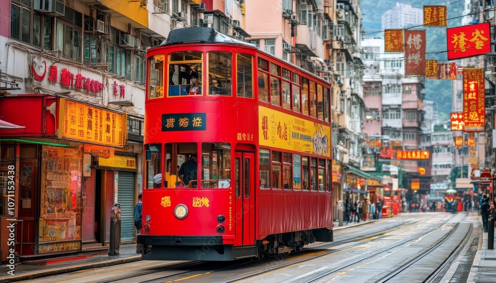 Obraz premium Red Tram Navigating a Bustling Street With Traditional Chinese Architecture in Hong Kong