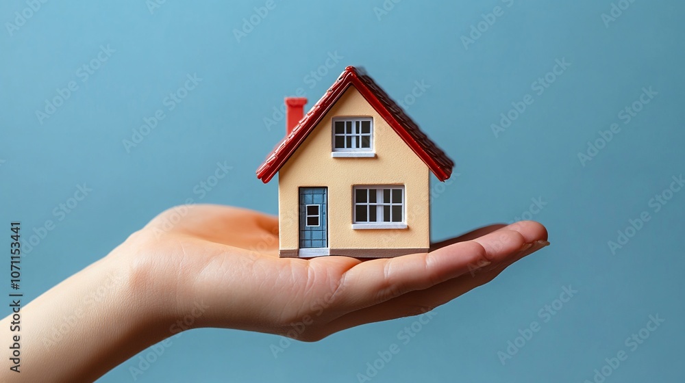 Hand holding a small model house against a blue background. Hand holding a small model house against a blue background.