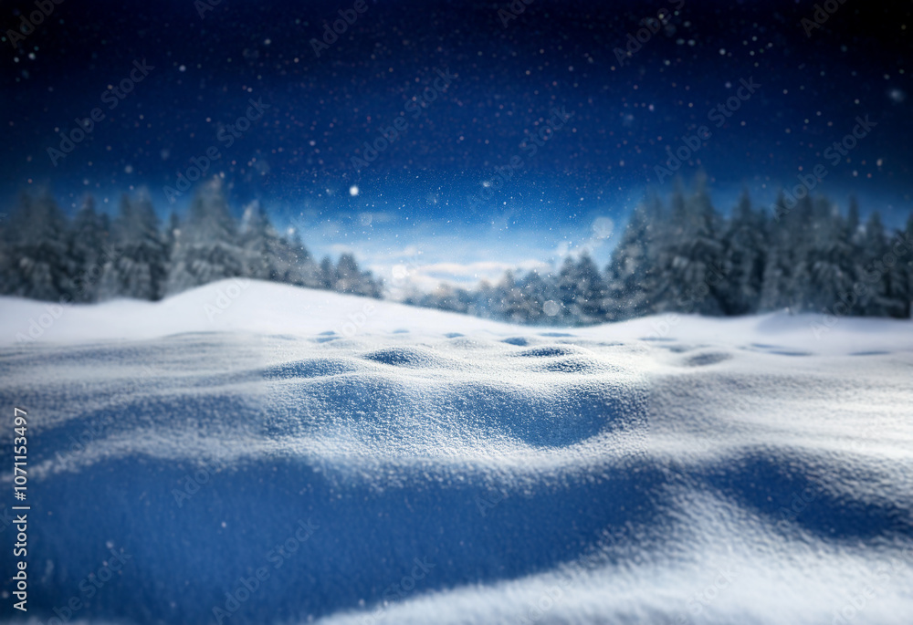 A snowy landscape with a forest in the background under a night sky full of stars. A snowy landscape with a forest in the background under a night sky full of stars.