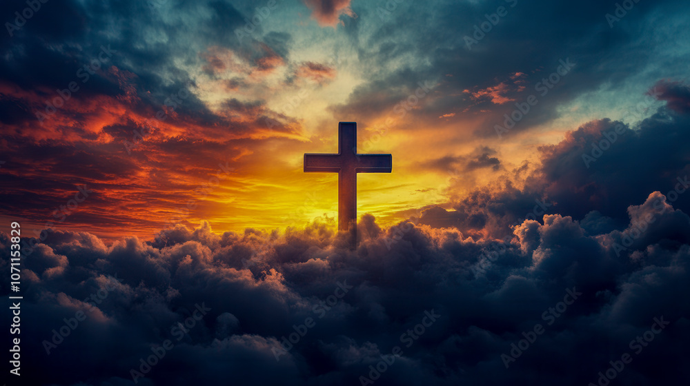 A serene sunset with a cross rising above clouds, symbolizing hope and faith in the evening sky at dusk A serene sunset with a cross rising above clouds, symbolizing hope and faith in the evening sky at dusk