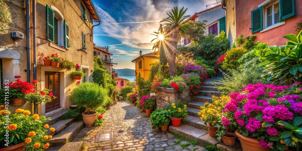 Fototapeta premium Serene Street View in Tellaro with Flowery Gardens and Cozy Walkway Capturing the Essence of Urban Exploration and Natural Beauty in a Picturesque Coastal Village