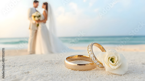 Two golden wedding rings with couple in background on beach