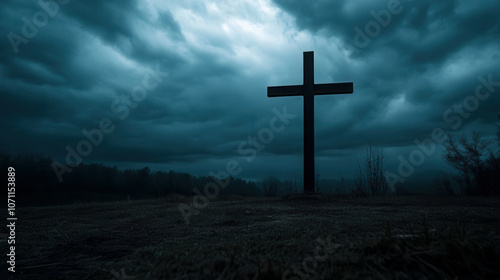 A solitary cross stands on a hill under a tempestuous sky during twilight, surrounded by dark clouds and barren land