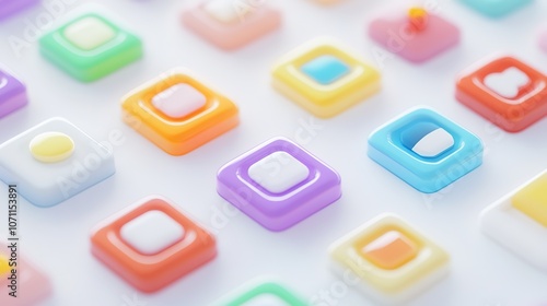 A 3D rendering of a beautiful and colorful square info icon with vibrant hues, set against a clean white background. The icon is designed with smooth, modern edges and glowing accents, 