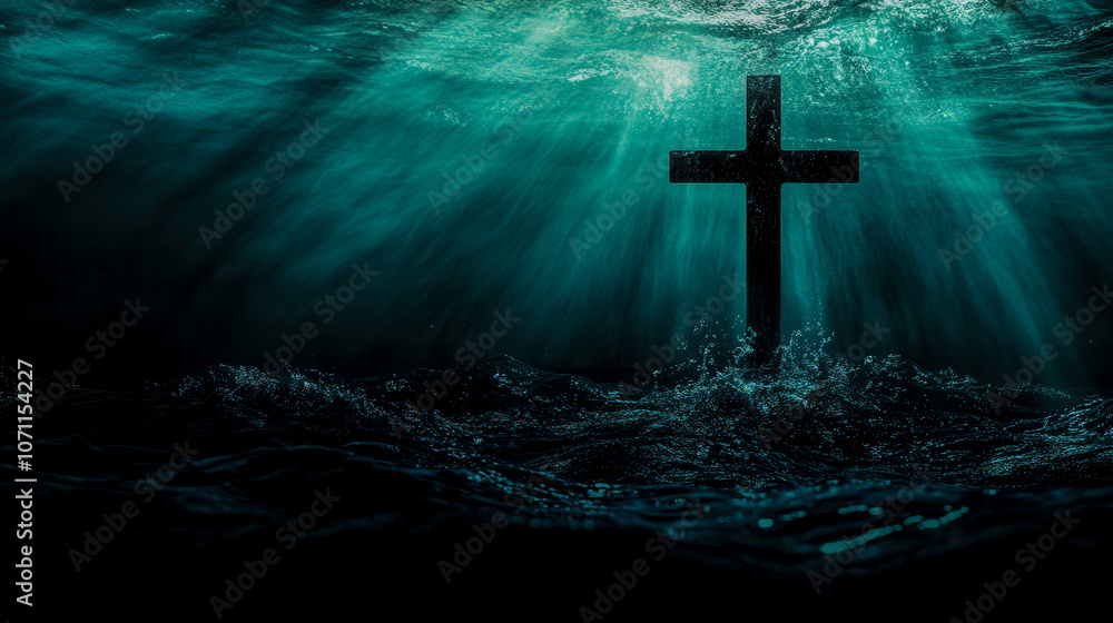 Fototapeta premium A submerged cross illuminated by rays of light in deep water, capturing a moment of tranquility and reflection