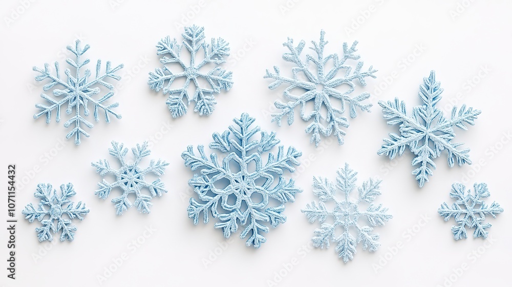A cluster of intricate snowflakes of various sizes, featuring light blue shades, delicately isolated against a white background. The delicate details of each snowflake are beautifully captured, A cluster of intricate snowflakes of various sizes, featuring light blue shades, delicately isolated against a white background. The delicate details of each snowflake are beautifully captured,