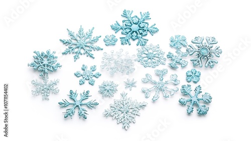 A cluster of intricate snowflakes of various sizes, featuring light blue shades, delicately isolated against a white background. The delicate details of each snowflake are beautifully captured,