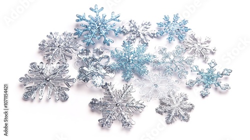 A cluster of intricate snowflakes of various sizes, featuring light blue shades, delicately isolated against a white background. The delicate details of each snowflake are beautifully captured,