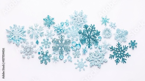 A cluster of intricate snowflakes of various sizes, featuring light blue shades, delicately isolated against a white background. The delicate details of each snowflake are beautifully captured,