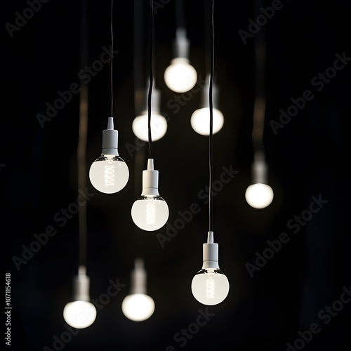 Multiple white filament light bulbs hanging from black cords against a dark background.