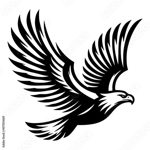 Simple Vector Flying Bald Eagle with Outstretched Wings Illustration in Black and White SVG Format
