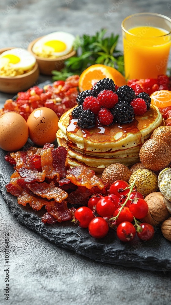 Delicious Breakfast Platter with Pancakes, Berries, Bacon, Eggs, Orange Juice, and Assorted Breads Perfect for a Hearty Morning Meal and Brunch Delight Delicious Breakfast Platter with Pancakes, Berries, Bacon, Eggs, Orange Juice, and Assorted Breads Perfect for a Hearty Morning Meal and Brunch Delight