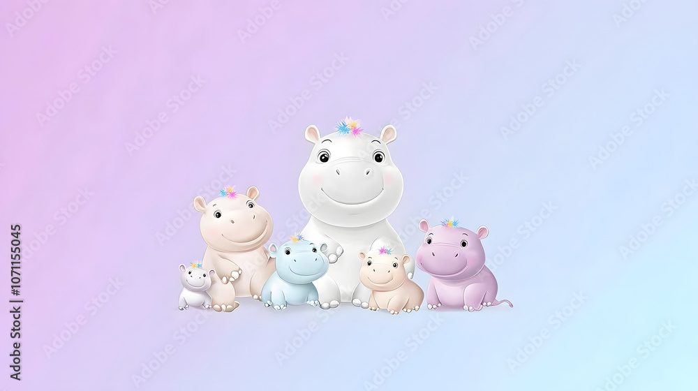 Cute cartoon hippos with flowers on their heads, celebrating together Cute cartoon hippos with flowers on their heads, celebrating together