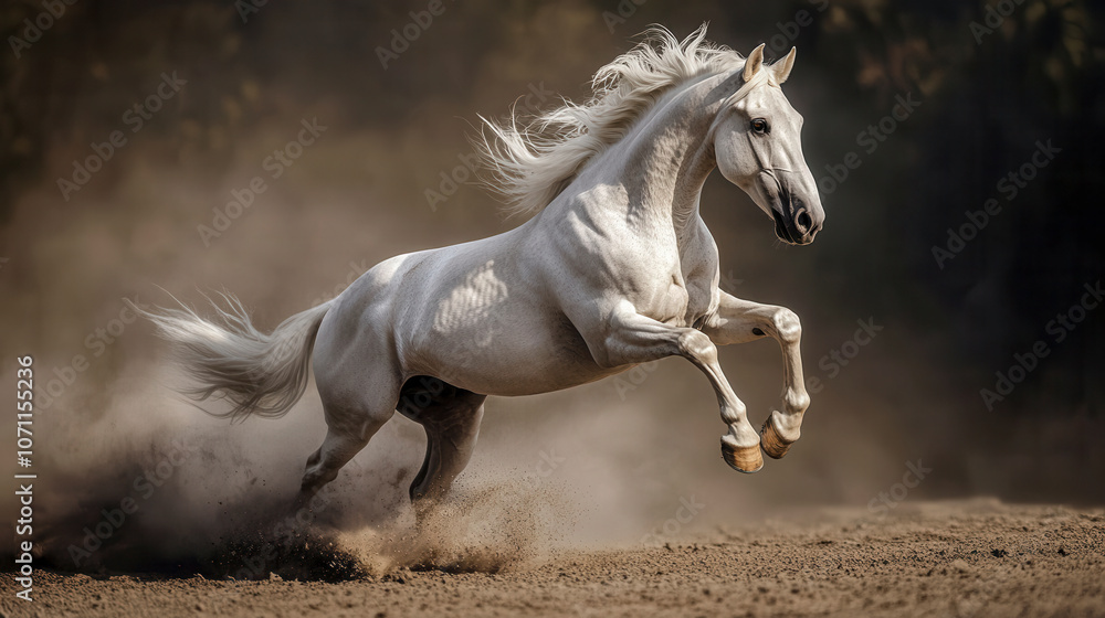 A majestic white horse galloping gracefully through a dusty arena during the late afternoon light A majestic white horse galloping gracefully through a dusty arena during the late afternoon light
