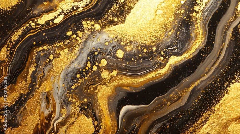 Abstract Swirling Pattern of Black, Gold, and White Paint Abstract Swirling Pattern of Black, Gold, and White Paint