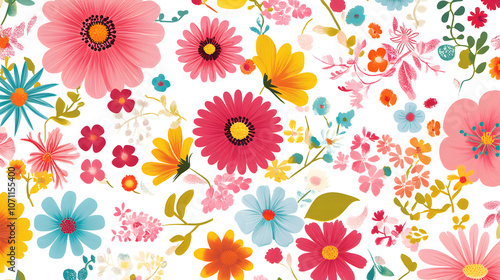 Bright floral pattern featuring colorful flowers and leaves