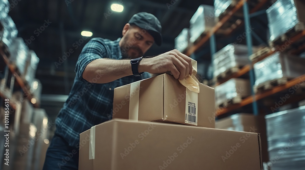 Warehouse worker organizes boxes for efficient storage Warehouse worker organizes boxes for efficient storage