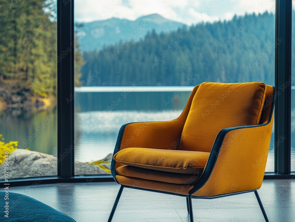 Fototapeta premium Chic Mid-Century Modern Chair Against a Serene Lake View