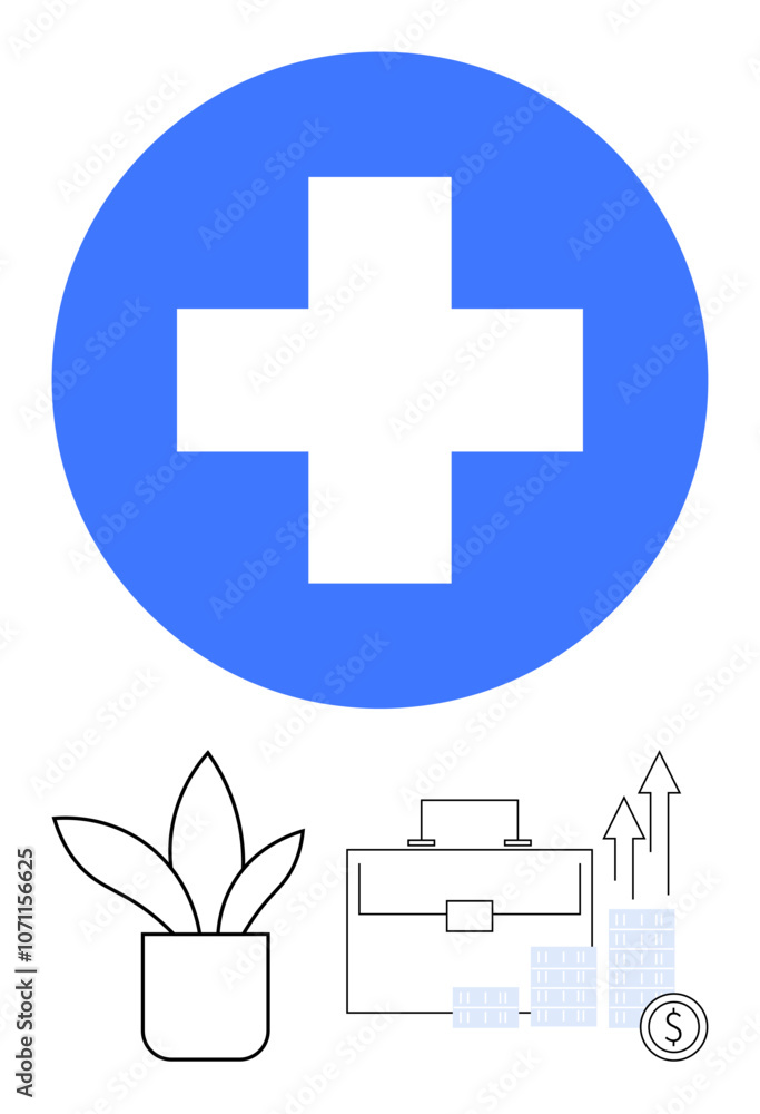 Blue cross in circle symbolizes healthcare, briefcase shows business, arrows signify growth, plant for eco-friendliness, skyscrapers for urbanity, dollar sign for finance. Ideal for healthcare Blue cross in circle symbolizes healthcare, briefcase shows business, arrows signify growth, plant for eco-friendliness, skyscrapers for urbanity, dollar sign for finance. Ideal for healthcare