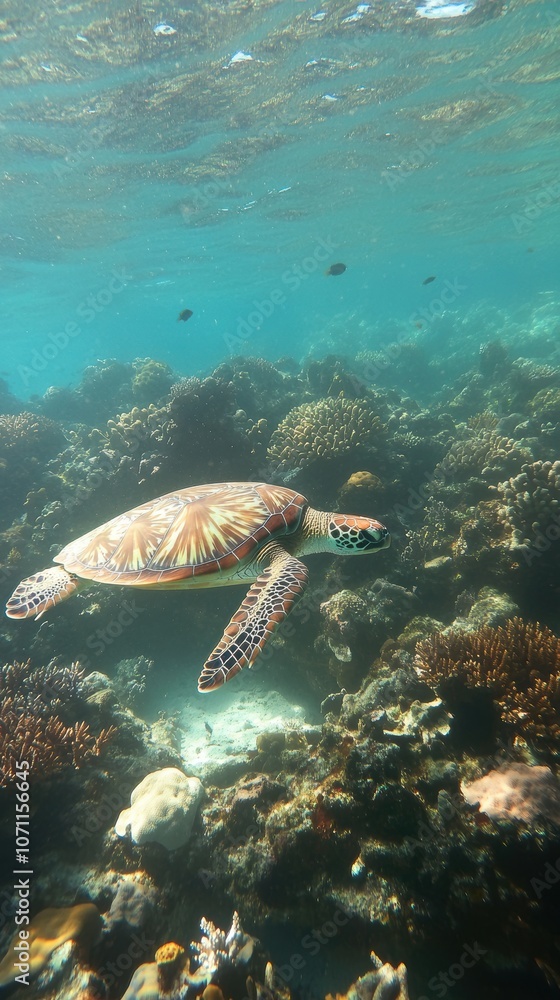 Obraz premium Hawksbill sea turtle swimming over coral reef in tropical ocean