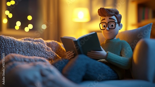 Cartoon man enjoying reading a book while relaxing on a comfortable sofa in a warm and inviting living room, creating a cozy and peaceful atmosphere